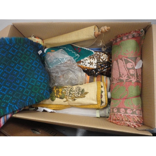 208 - Two cartons of miscellaneous fabric and sewing accessories.