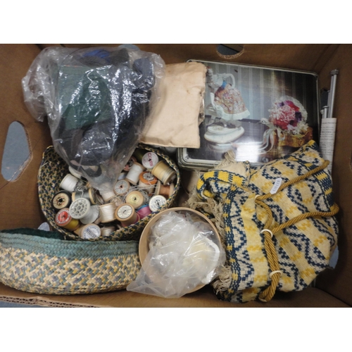 208 - Two cartons of miscellaneous fabric and sewing accessories.