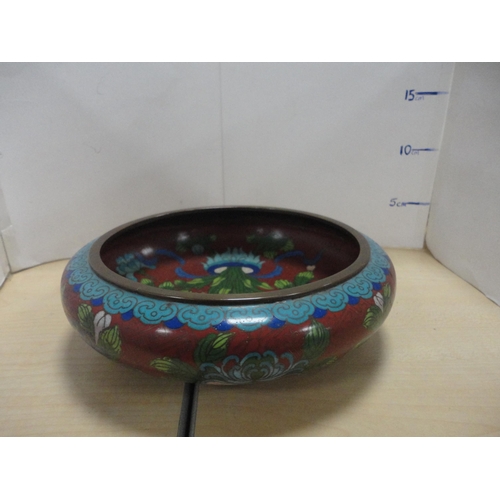 209 - Cloisonné Chinese-style bowl on copper and a pair of similar Chinese-style cloisonné vases on copper... 