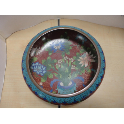 209 - Cloisonné Chinese-style bowl on copper and a pair of similar Chinese-style cloisonné vases on copper... 