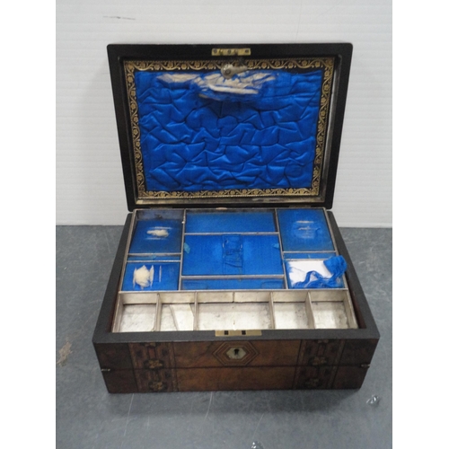 218 - Victorian Tunbridge ware walnut marquetry sewing box with fitted interior.