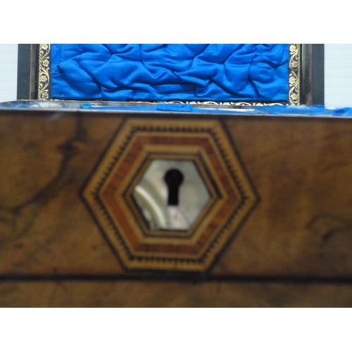 218 - Victorian Tunbridge ware walnut marquetry sewing box with fitted interior.