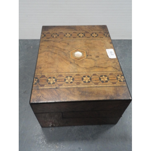 218 - Victorian Tunbridge ware walnut marquetry sewing box with fitted interior.