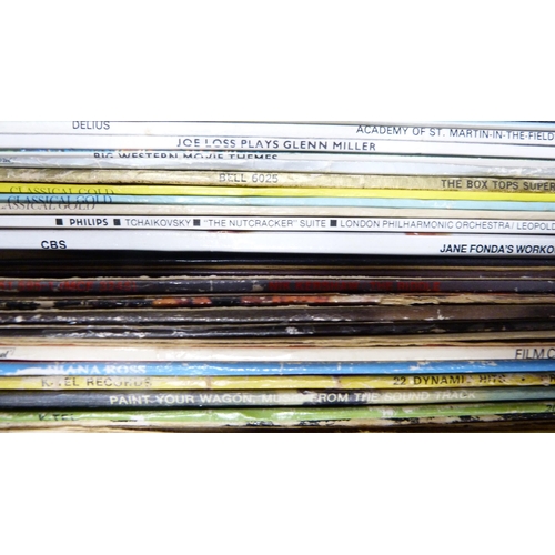 23 - Collection of assorted vinyl records in a carton and a bag to include classical, easy listening, pop... 