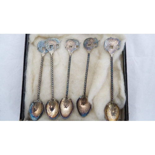 264 - Cased set of six silver coffee spoons with bean terminals, five matching Indian white metal export s... 