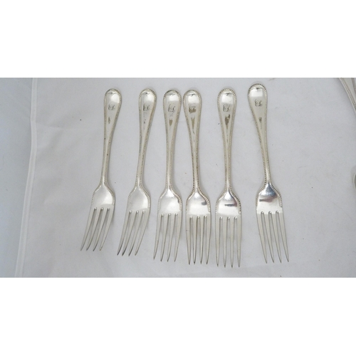 269 - Part suite of EP cutlery, mainly table forks and spoons, monogrammed to the stem.