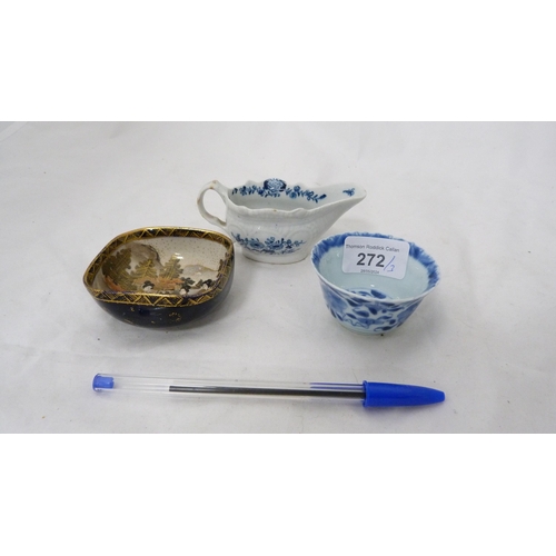 272 - Kangxi-style Chinese blue and white bowl, the base unmarked, Japanese Satsuma small bowl and a late ... 