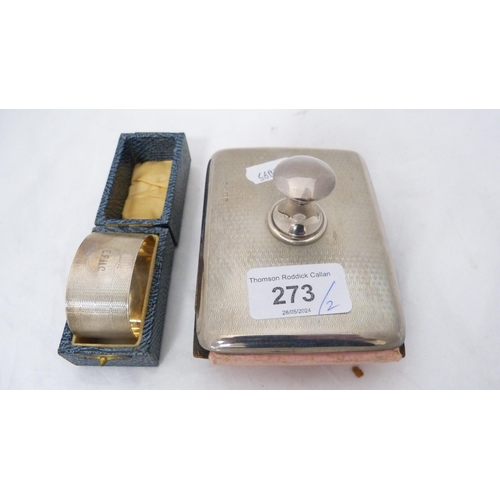 273 - Silver-mounted blotter and a boxed silver engine-turned napkin ring.  (2)