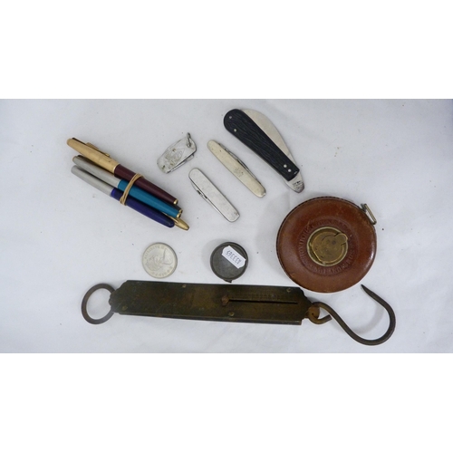 275 - Curios to include a set of spring balance scales, Rabone & Sons of Sheffield tape measure, group... 