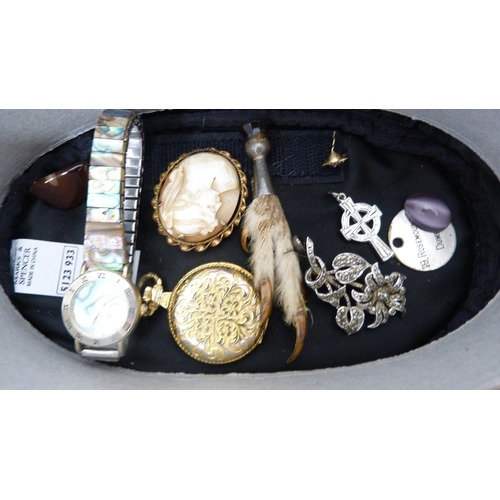 277 - Group of costume and decorative jewellery to include cameo brooch, ladies' wristwatches, fob watch, ... 