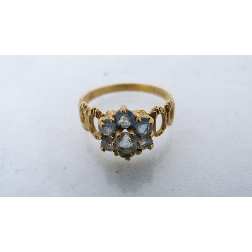 287 - 9ct gold opal lady's ring and a 9ct gold ring set with aquamarine-style stones, 3.8g gross. (2)