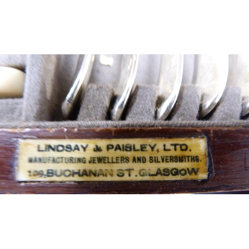 29 - Mahogany table canteen of EP cutlery, retailed by Lindsay & Paisley Ltd., Buchanan Street, Glasg... 