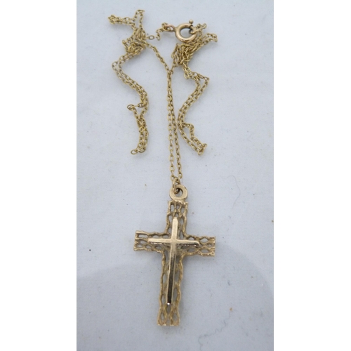 290 - 9ct gold cross pendant (2g) on an unmarked yellow metal chain.