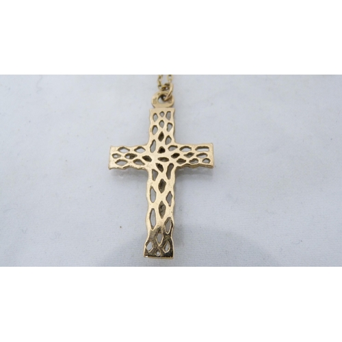 290 - 9ct gold cross pendant (2g) on an unmarked yellow metal chain.