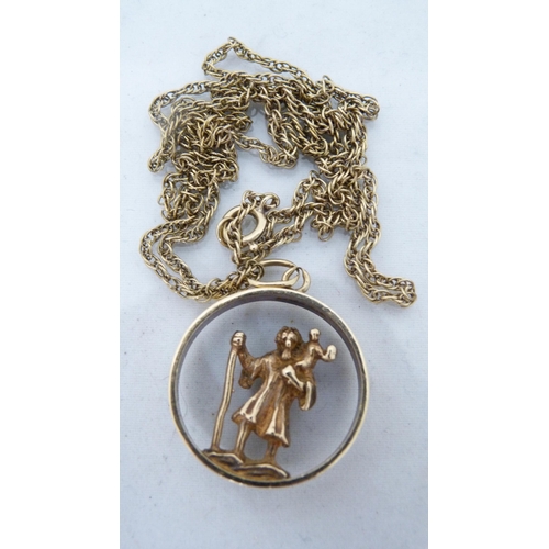 291 - 9ct gold chain (approximately 3.5g), with yellow metal pendant attached.