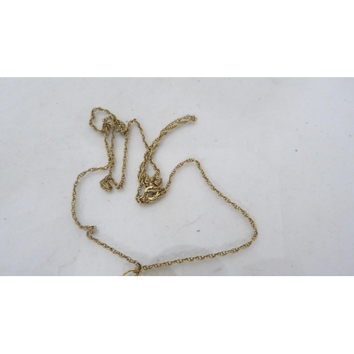 291 - 9ct gold chain (approximately 3.5g), with yellow metal pendant attached.