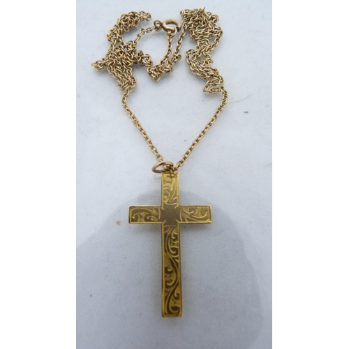 292 - 9ct gold chain (4.2g), with yellow metal cross pendant attached.