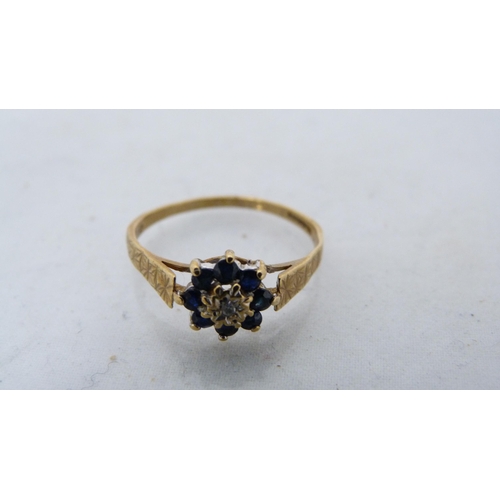 294 - 9ct gold gem-set cluster ring and a similar 9ct gold gem-set gypsy-style lady's ring, 3g gross. (2)