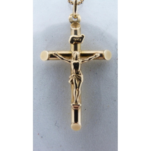 298 - 9ct gold cross crucifix pendant on 9ct gold chain, 5.1g gross.