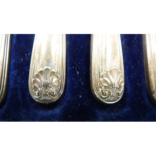 32 - Set of twelve EP-handled fruit knives and forks in a mahogany case, and another cased set of six EP-... 