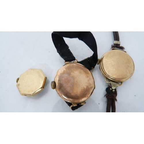 326 - Antique 9ct gold lady's gold-backed wristwatch on a black mourning strap (approximately 17g gross), ... 