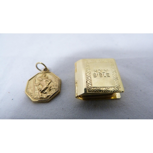 333 - 9ct gold St Christopher pendant, 9ct gold book charm (2.8g gross), and unmarked charms, pendant and ... 