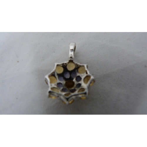 338 - 9ct white gold gem-set cluster pendant, 3g gross.