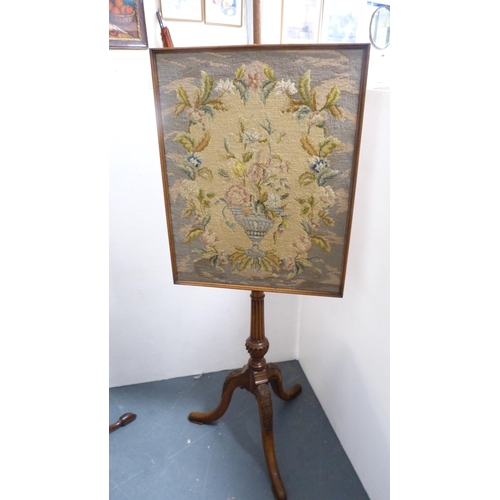 341 - Late Victorian mahogany pole screen with embroidered tapestry panel, and another late Victorian exam... 