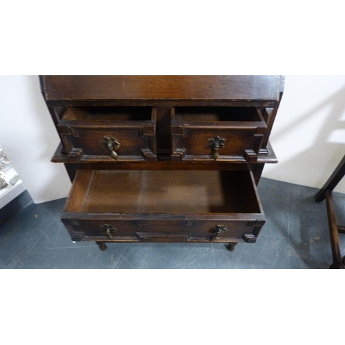 347 - Jacobean-style oak writing bureau and a similar oak elbow chair.  (2)