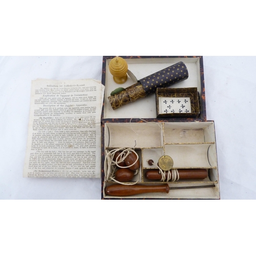 35 - Curios to include hip flasks, jewellery casket, antique boxed 'The Little Conjurer' set, stationery ... 