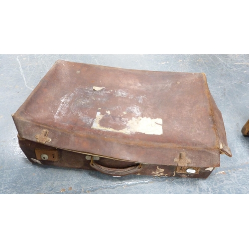 361 - Wood-bound travel trunk, metal trunk, another trunk and two cases.