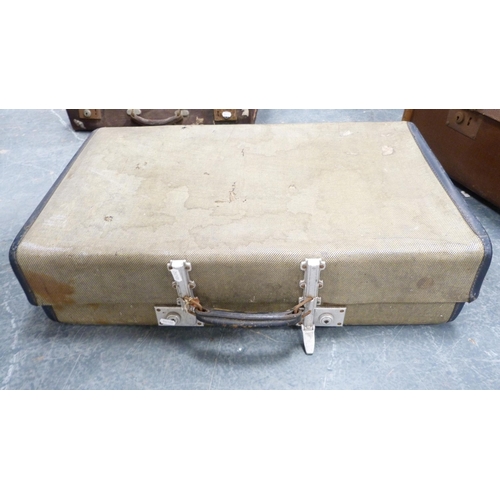 361 - Wood-bound travel trunk, metal trunk, another trunk and two cases.