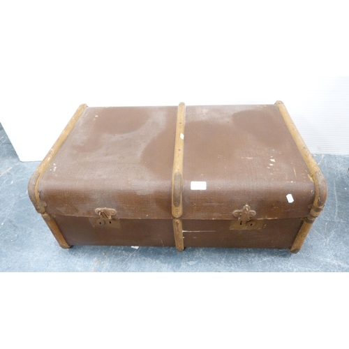 361 - Wood-bound travel trunk, metal trunk, another trunk and two cases.