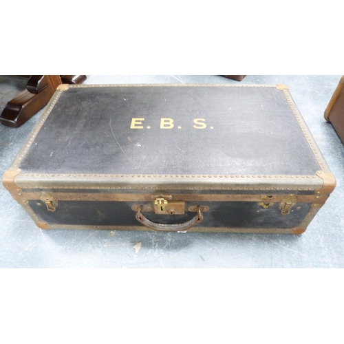 361 - Wood-bound travel trunk, metal trunk, another trunk and two cases.