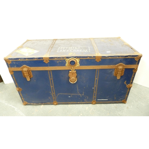 361 - Wood-bound travel trunk, metal trunk, another trunk and two cases.