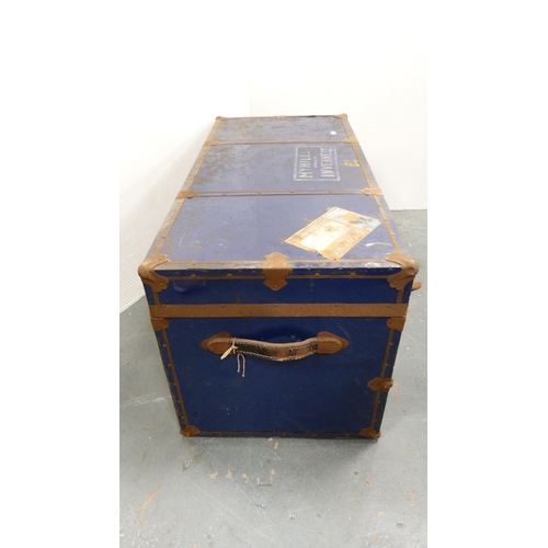 361 - Wood-bound travel trunk, metal trunk, another trunk and two cases.