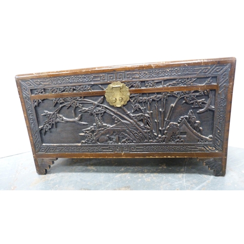 364 - Oriental carved camphorwood blanket chest.