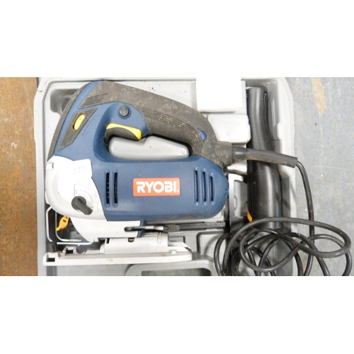 377 - Cased Ryobi jigsaw, crosscut saw and two sprayers.