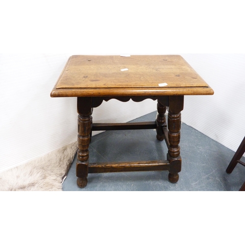 385 - Charles II style oak jointed stool and a pokerwork plant stand.