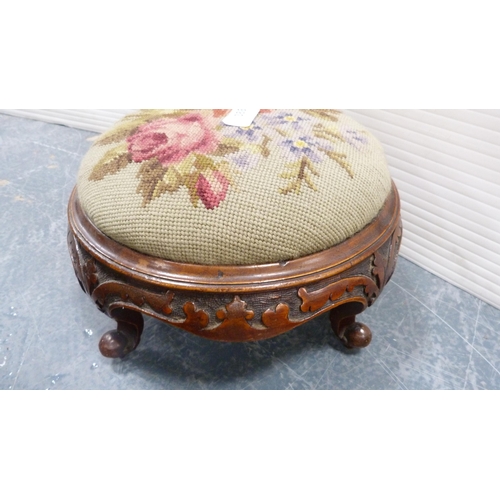 388 - Pair of antique circular footstools with embroidered tapestry tops.  (2)