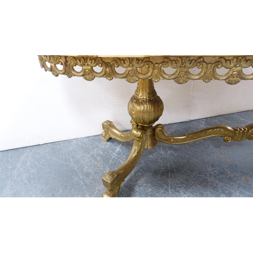 396 - Contemporary onyx-effect oval coffee table on gilt repoussé base.