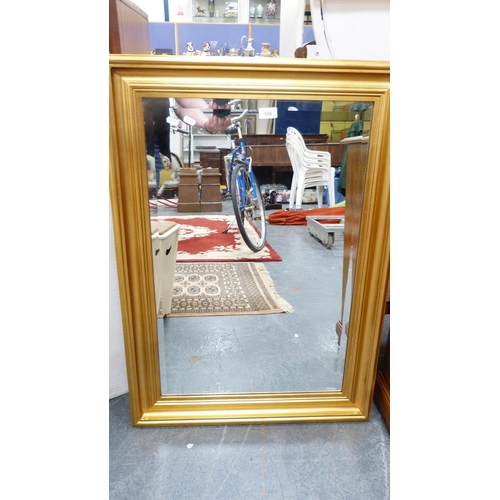 398 - Modern gilt wall mirror, linen box, a modern folding table and a pair of chairs.