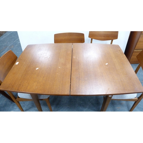 408 - Retro teak dining table with additional leaf and six matching dining chairs.  (7)