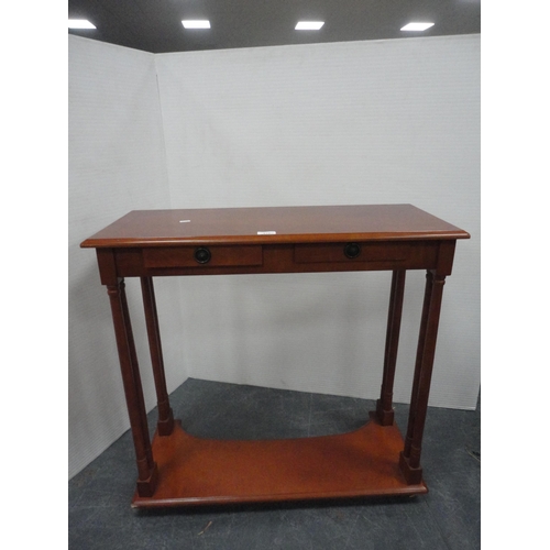 416 - Modern yew wood hall table and a contemporary table lamp.  (2)