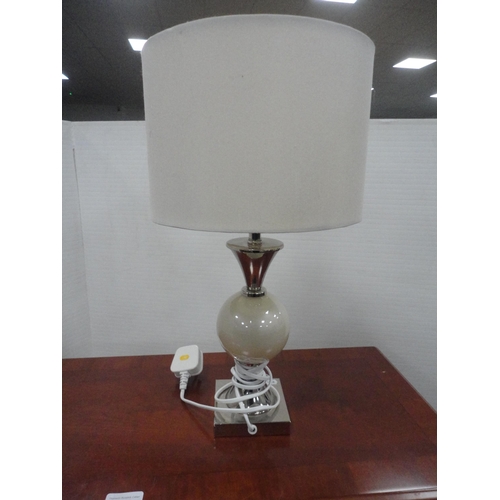 416 - Modern yew wood hall table and a contemporary table lamp.  (2)