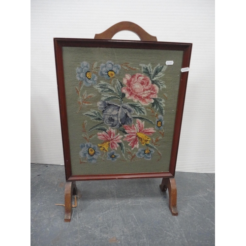 417 - Mahogany corner cabinet with astragal glazed doors, fire screen and a gout stool.  (3)