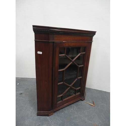 417 - Mahogany corner cabinet with astragal glazed doors, fire screen and a gout stool.  (3)