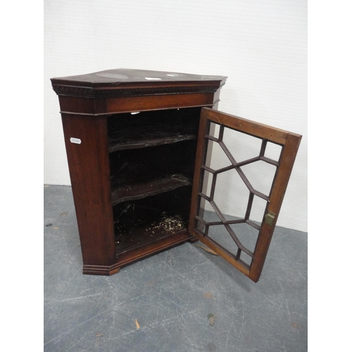 417 - Mahogany corner cabinet with astragal glazed doors, fire screen and a gout stool.  (3)