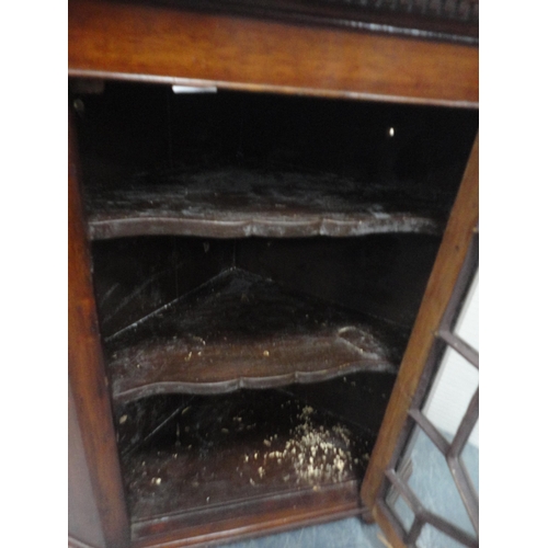 417 - Mahogany corner cabinet with astragal glazed doors, fire screen and a gout stool.  (3)