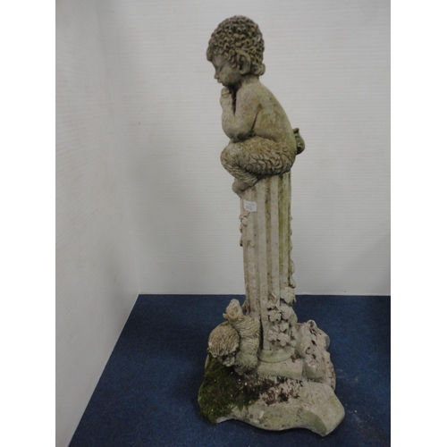 433 - Stone garden figure in the form of a mythical child seated on a fluted stand with applied rabbits an... 